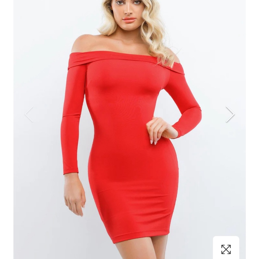 Red Off The Shoulder Midi Dress with Built In Shapewear | Never Worn